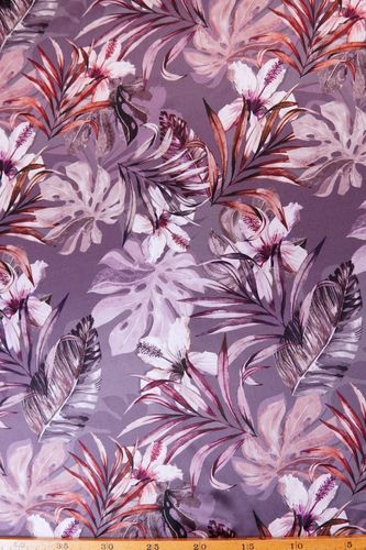 Silk satin printed jungle leaves lilac-malva