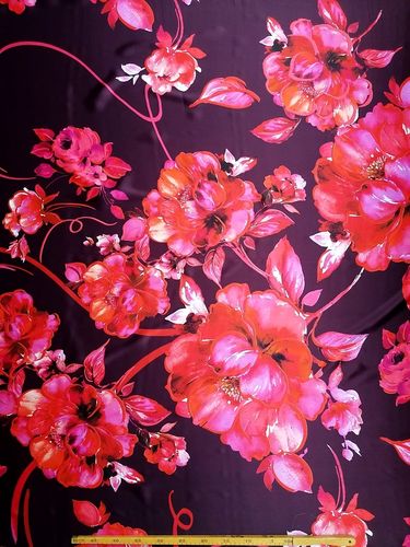 Silk satin printed red flowers burgundy